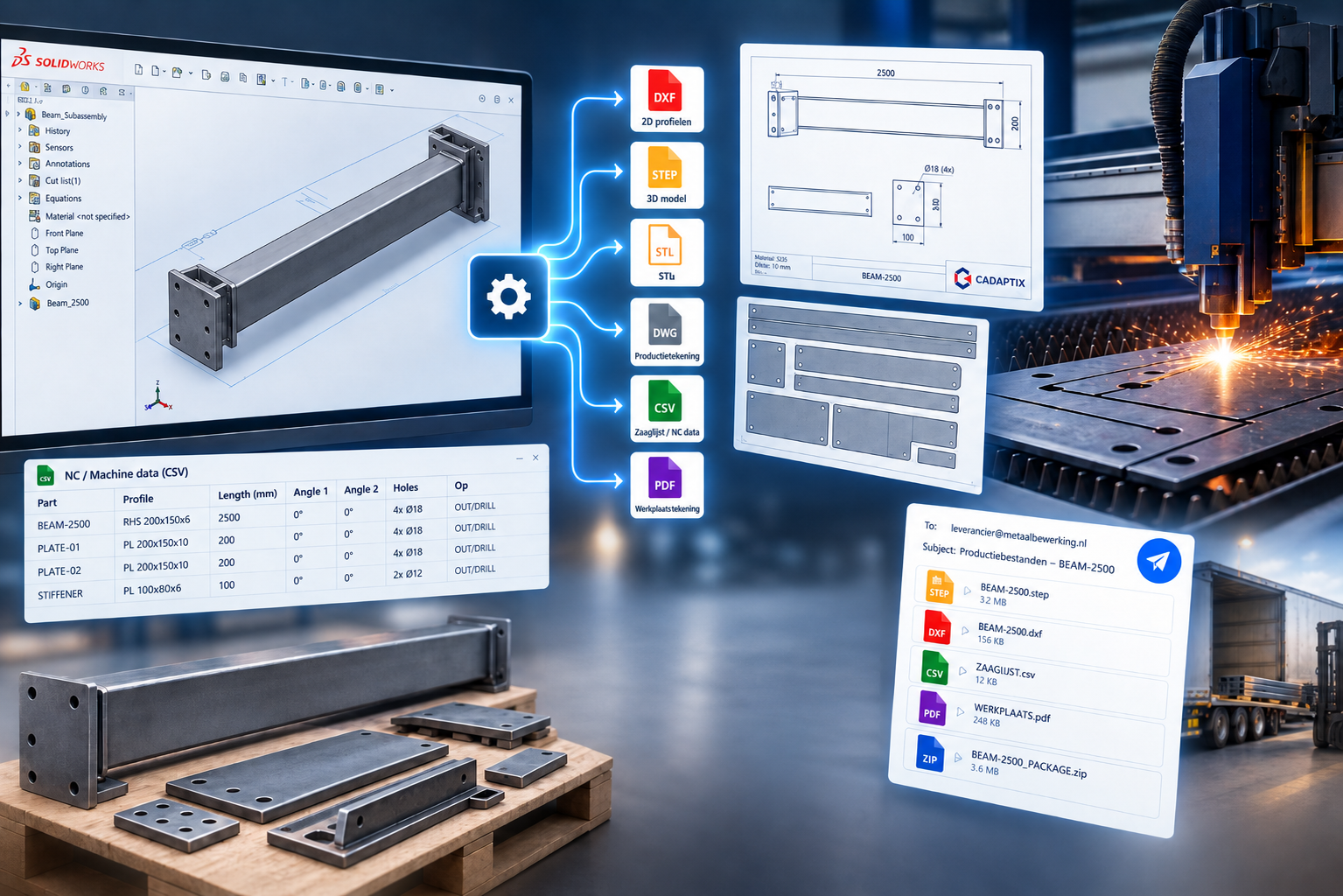 CAD-bestanden en productiedata die direct doorstromen naar machine en leverancier