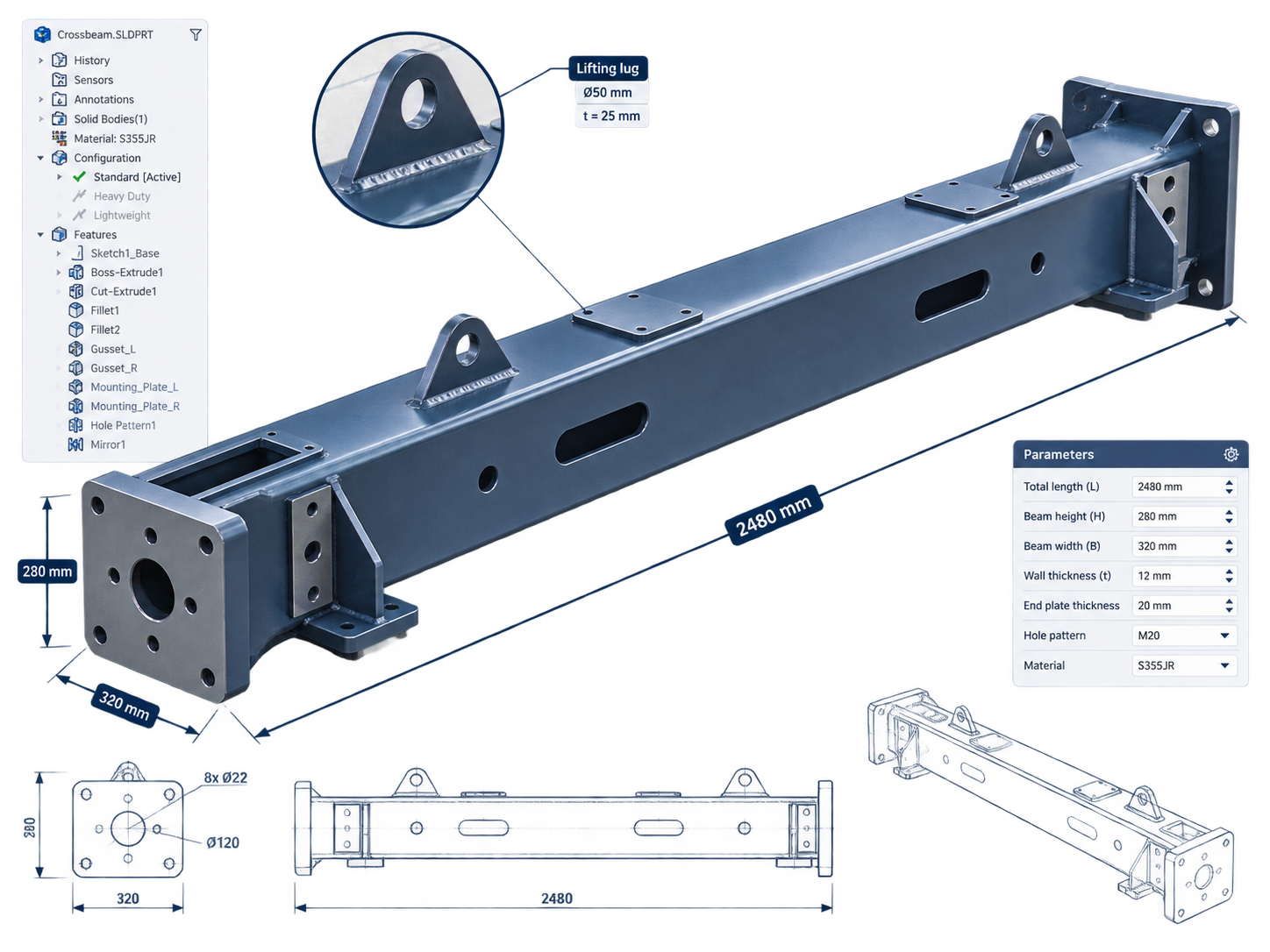Parametrisch SolidWorks-achtig 3D-model van een automatisch gegenereerde dwarsbalk